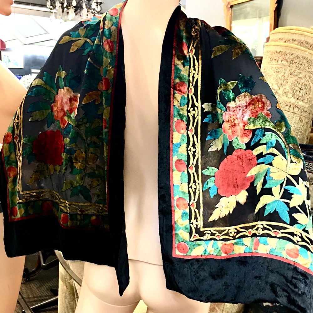 Black Bright Rayon Silk Velvet Burnout Long Scarf